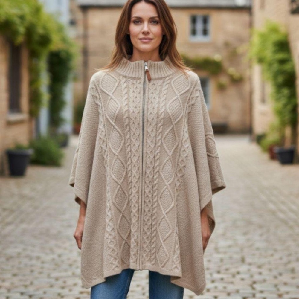 Cupcakes & Cashmere Beige Cozy Chic Cable Knit Zip Poncho Sweater